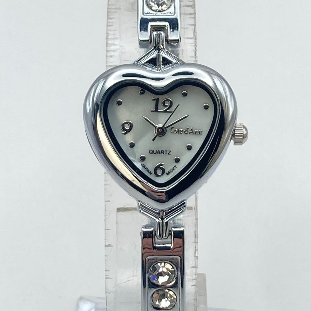 Cote d'Azur Womens Watch Silver Tone Heart MOP Dial Crystals 24mm New Battery 7"